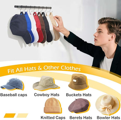 Hat Organizer Closet Organization Wall: 17 Inch Hat Holder with 12 Adjustable Stainless Steel Clips - Baseball Caps Organizer Fits All Caps - Tie Belt Hanger for Closet Storage Solution - 1 Pack