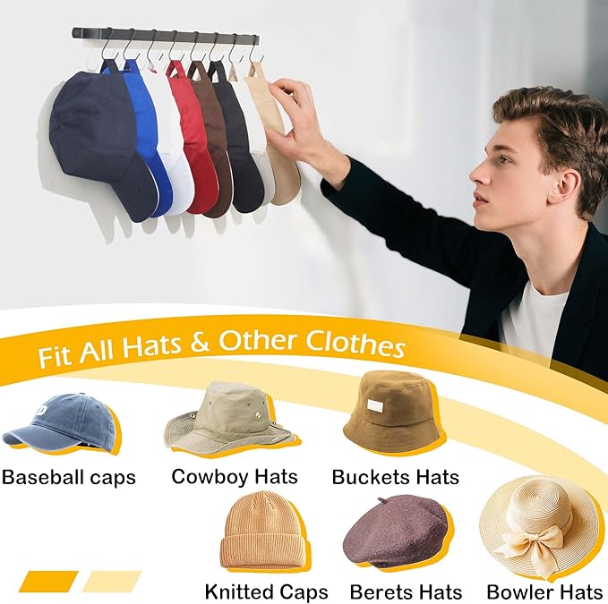AQAREA Hat Rack Closet Storage Wall: 12 Adjustable Stainless Steel Clips and 17 Inch Hat Holder - Hat Hanger Display Space Saving - Tie Belt Hanger for Closet Storage Solution - 2 Pack