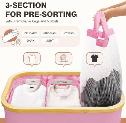 Hampers for Laundry Basket with Lid, 160L Extra Large 3 Section Clothes Divided Organizer for Bedroom, Laundry Room, Dirty Clothing Hamper, Pink