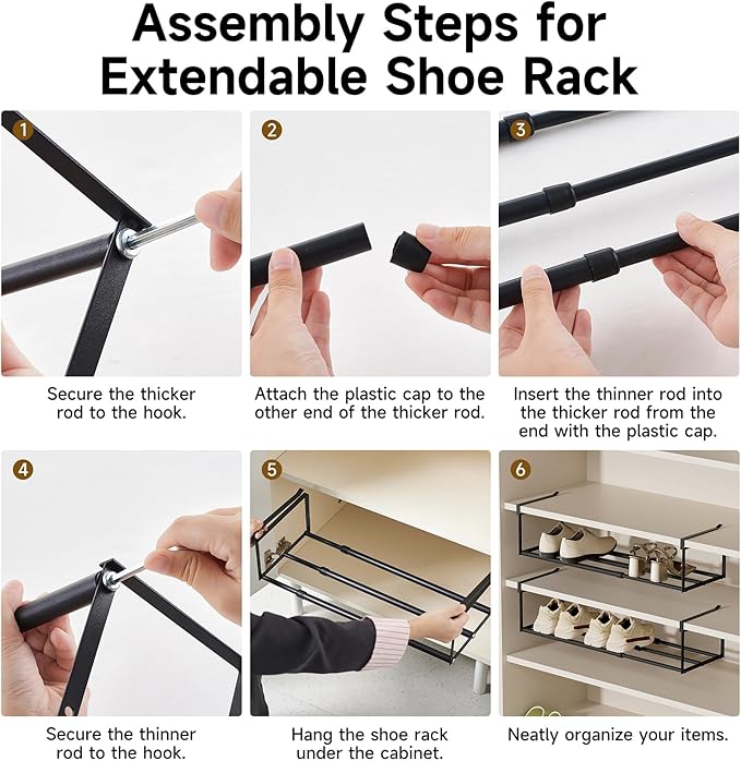 UFORU Expandable Hanging Shoe Rack Organizer for Closet, Adjustable Shoe Rack Under Cabinet Shelf, Versatile Under Shelf Storage for Kitchen, Book, Clothing Storage and Organization(Black,2PCS)