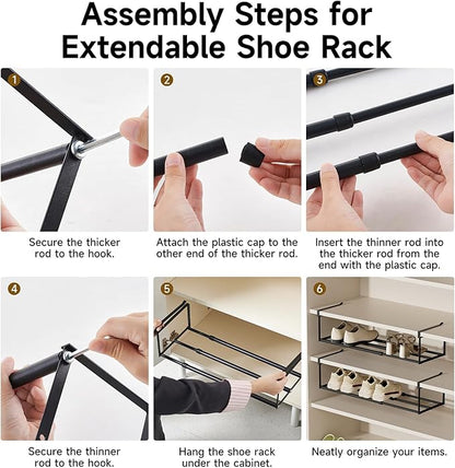 UFORU Expandable Hanging Shoe Rack Organizer for Closet, Adjustable Shoe Rack Under Cabinet Shelf, Versatile Under Shelf Storage for Kitchen, Book, Clothing Storage and Organization(Black,2PCS)