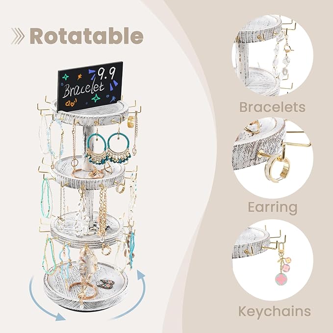 Lolalet 4 Tier Bracelet Holder, Wooden Rotating Bangle Display Stand with 42 Hooks and Tray Base, 360 Degrees Rotatable Rustic Tree Storage for Bracelets Key Chains Small Accessories -White
