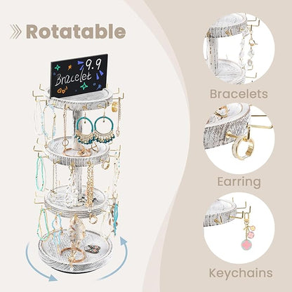Lolalet 4 Tier Bracelet Holder, Wooden Rotating Bangle Display Stand with 42 Hooks and Tray Base, 360 Degrees Rotatable Rustic Tree Storage for Bracelets Key Chains Small Accessories -White