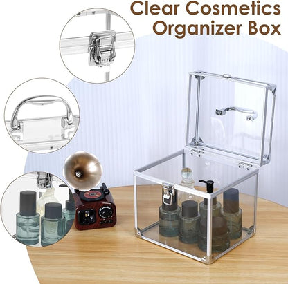 Crown Boxes for Pageants 7.9 X 6.7 X 7.5 In Clear Large capacity Makeup Train Case Cosmetic Case with Latches and Handle Toiletry Organizer Box Travel Makeup Tools Storage Organizer Box