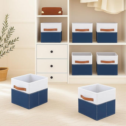 ShellKingdom Storage Bins, Two-Tone Foldable Fabric Storage Cubes with Leather Handle for Closet Toys Clothes Storage Organizer Drawer, 10.5 X 10.5 X 11 inch (White/Dark Blue)