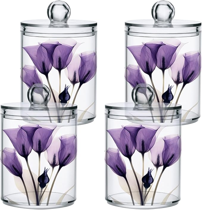 2 Pack Qtip Holder Dispenser for Cotton Ball Purple Tulip Lily Flower Swab Round Pads Clear Plastic Acrylic Jar Set Bathroom Canister