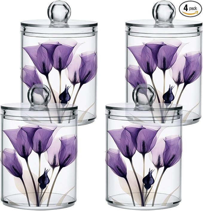 4 Pack Qtip Holder Dispenser Purple Tulip Lily Flower Cotton Ball Swab Round Pads Floss Clear Bathroom Storage Containers Plastic Apothecary Jars with Lids