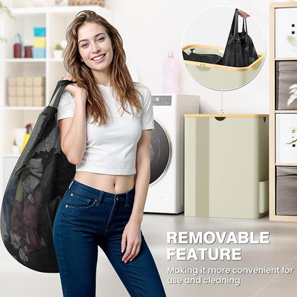 BlissTotes Laundry Basket with Lid, 150L Clothes Laundry Hamper with Handles and 2 Removable Laundry Bag, Breathable Design Hamper with Lid for Bedroom, Bathroom, Dorm, Laundry Room - Beige