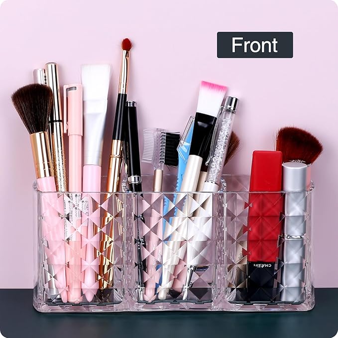 MOSIKER Makeup Brush Holder for Vanity,Acrylic Clear Small Compact Nail Hair Lip Liner Brush Pen Organizer with 3 Slots