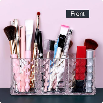MOSIKER Makeup Brush Holder for Vanity,Acrylic Clear Small Compact Nail Hair Lip Liner Brush Pen Organizer with 3 Slots