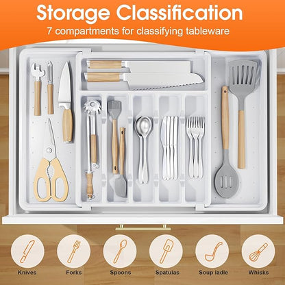 SpaceHacks Silverware Organizer，Adjustable & Expandable Utensil Drawer Organizer, BPA Free Utensil Holder, Cutlery Tray for Forks, Spoons, Knives in Kitchen, Large, White