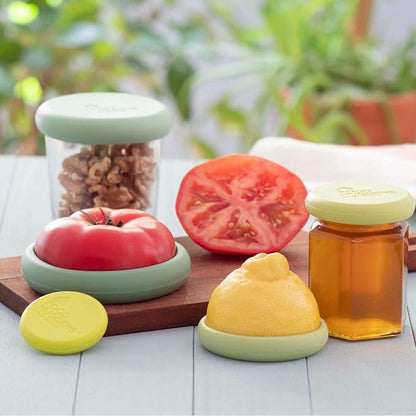 Food Huggers 5pc Reusable Silicone Food Savers | BPA Free | Plastic Free Food Storage | Dishwasher Safe | Fruit & Vegetable Produce Storage for Onion, Tomato, Lemon, Banana & Cans | Round, Sage Green