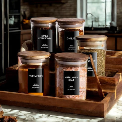 201 Spice Jar Labels - Black Preprinted Minimalist Waterproof Stickers for Kitchen Jars, Herb & Seasoning Labels for Pantry Organization