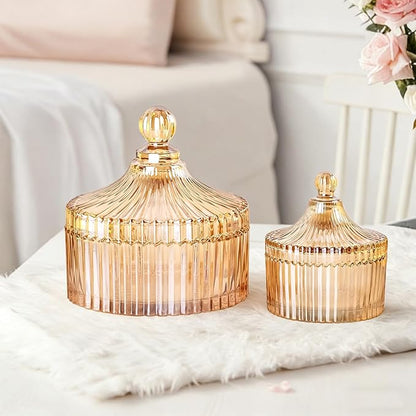 R FLORY 2 Pack Qtip Holder Apothecary Jars with Lids Glass Q Tip Holder for Bathroom Set Decorative Jars Crystal Bowl Jar Organizer for Cotton Swabs, Balls, Pads, Floss Picks (Amber,10+24oz)