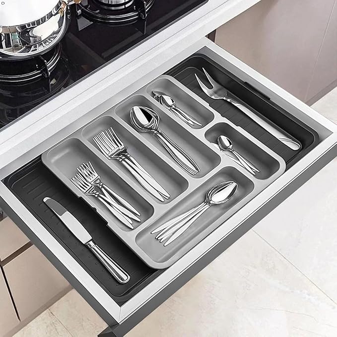 Furndiy Expandable Drawer Organizer Utensil Tray for Kitchen | Flatware and Cutlery Holder, Compact Storage for Spoons Forks Knives | Cutlery Utensil Set for | Based in USA