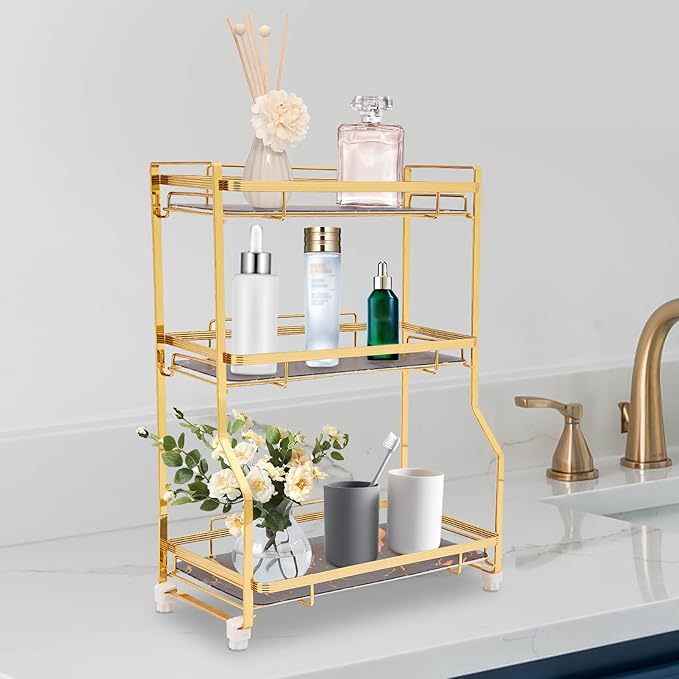 3 Tier Bathroom Countertop Organizer, Gold Bathroom Vanity Counter Organizer with Small Storage Basket for Skincare Makeup Perfume (Black)