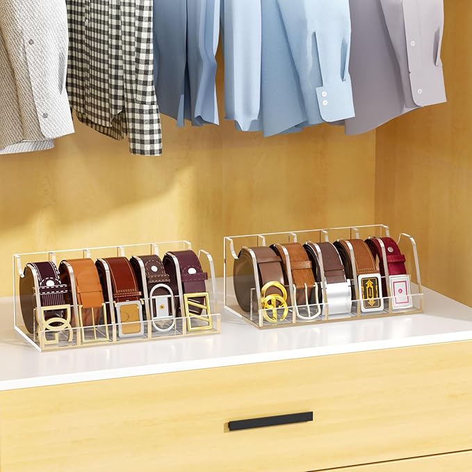 NIUBEE Belt Organizer - Acrylic Belt Storage Holder with 5 Compartments and Display Stand