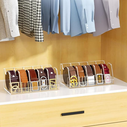 NIUBEE Belt Organizer - Acrylic Belt Storage Holder with 5 Compartments and Display Stand