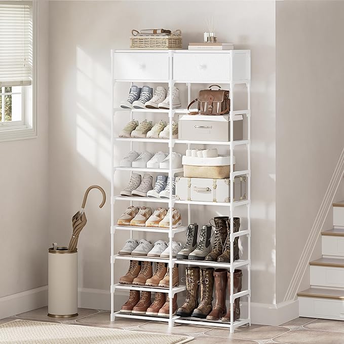 Tall Shoe Rack, 10 Tier Shoe Rack Organizer with 2 Large Drawers, Shoe Storage for 36-40 Pairs, Sturdy Metal Shoe Shelf Shoe Stand for Closet Entryway, White