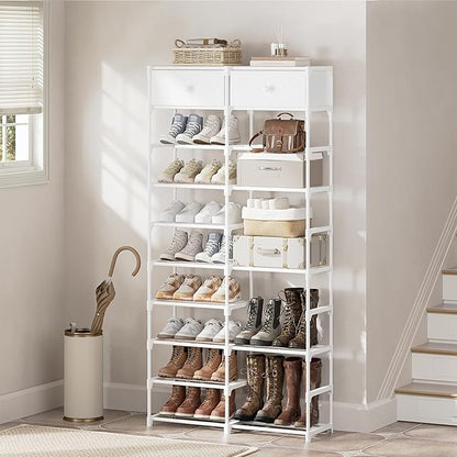 Tall Shoe Rack, 10 Tier Shoe Rack Organizer with 2 Large Drawers, Shoe Storage for 36-40 Pairs, Sturdy Metal Shoe Shelf Shoe Stand for Closet Entryway, White