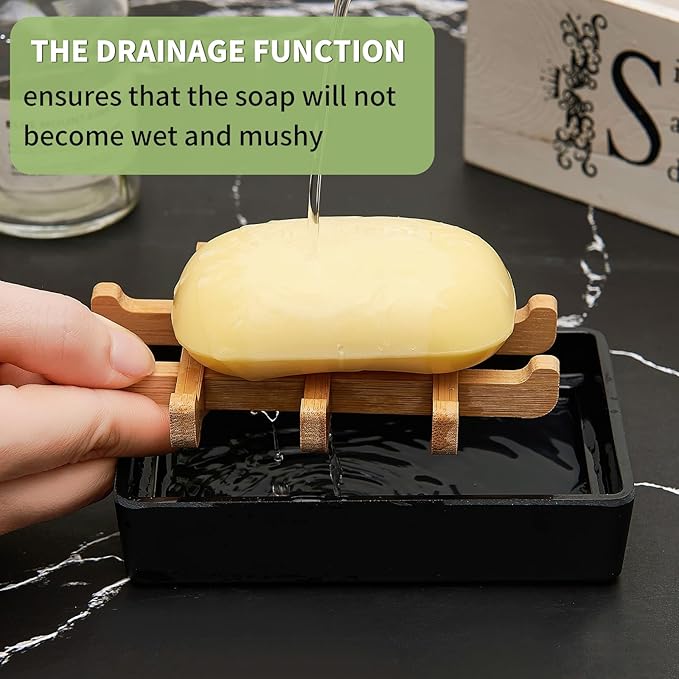 Bamboo Soap Dishes for Shower with Drainage Wooden Soap Bar Holder for Bathroom Soap Tray Easy to Clean, Durable and with Non-Slip Pads(Single Black Square)