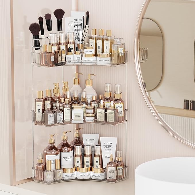 Asayuee 3-Tier Corner Bathroom Counter Organizer with Top Toothbrush Holders,Large Makeup Organizer Countertop with Brush Holder,Skincare Organizers Corner,Exquisite Vanity Organizer (Clear, 3 Tier)
