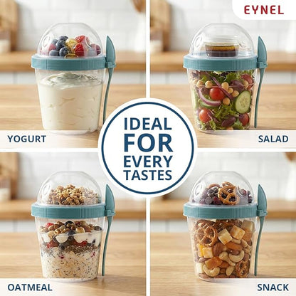 4 Pack 17 oz Small Breakfast On The Go Yogurt Parfait Cups, Reusable Plastic Containers with Lids and Spoons, Perfect Jars for Overnight Oats Cereal Granola Oatmeal (4 Colors Set)