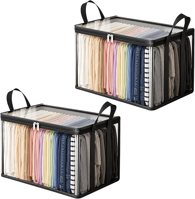 Large Heavy-Duty Thick Plastic Clear Storage Bag for Clothes - Foldable Clear Storage Tote with Reinforced Handles & Zipper for Moving, Dorm, Closet & Underbed Organization (Black,2pcs)