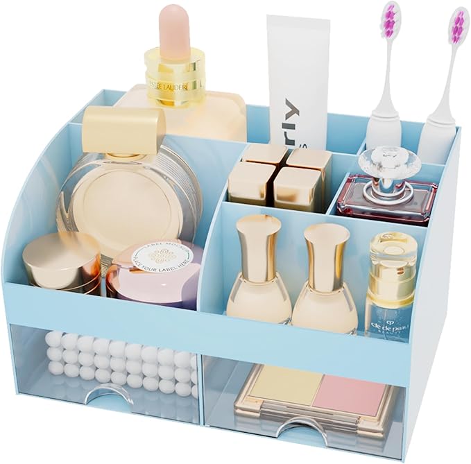 Makeup Organizer with 2 Drawers, Cosmetic Storage for Dresser Vanity and Bathroom Countertop,Make up organization and Skincare Storage with Beauty Brush Holder, Cosmetic Display Case (Blue)