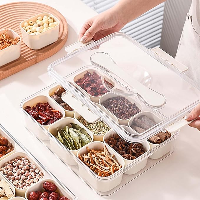 SILIVO Snackle Box Container - 9 Compartment Portable Divided Serving Tray with Lid and Handle,Clear Snack Organizer for Candy, Fruits, Nuts, Snacks - Perfect for Party, Travel and Entertaining