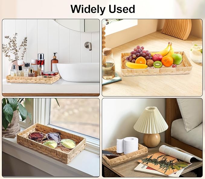 Rectangle Bathroom Tray, 16" Bathroom Over Toilet Tank, Water Hyacinth Wicker Basket for Bathroom Counter Long Narrow Hand Towel Storage Basket for Home Decor, Rattan Yellow