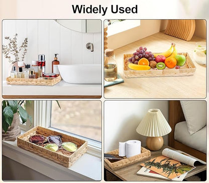 Rectangle Bathroom Tray, 16" Bathroom Over Toilet Tank, Water Hyacinth Wicker Basket for Bathroom Counter Long Narrow Hand Towel Storage Basket for Home Decor, Rattan Yellow