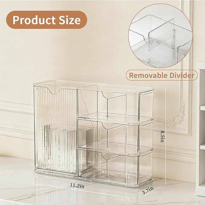 Makeup Organizer with Covered Brush Holder for Bathroom Vanity Countertop, Clear Skincare Storage with Drawers and Removable Dividers, Cosmetic Display Case for Lipsticks, Nail Polishes, Perfumes