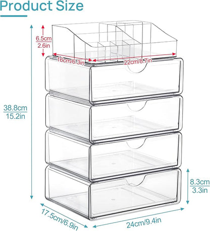 Vtopmart 5 Tier Clear Makeup Organizer with Drawer, Cosmetic Storage for Dresser Countertop and Bathroom Vanity, Beauty Holder for Lipstick Brush Skincare