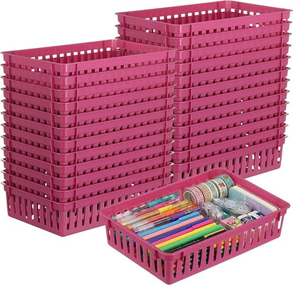 Wenqik 24 Pcs Plastic Storage Baskets for Classroom Organizing Small Pantry Storage Bins Rectangular Tray for School Household Toys Classroom Bedrooms, Kitchens Countertops(Deep Purple)