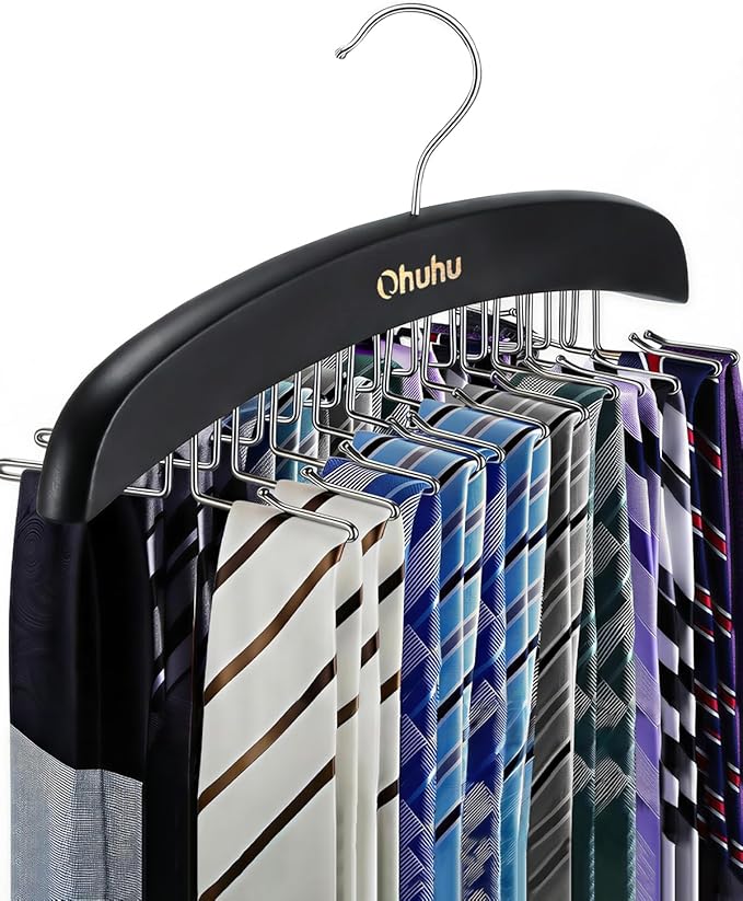 Ohuhu 24-Hook Wooden Tie Rack Organizer - Space Saving Closet Hanger with 360° Rotating Hooks, Anti-Slip Clips for Ties, Belts, Scarves - Premium Hardwood & Rustproof Steel Construction-Black