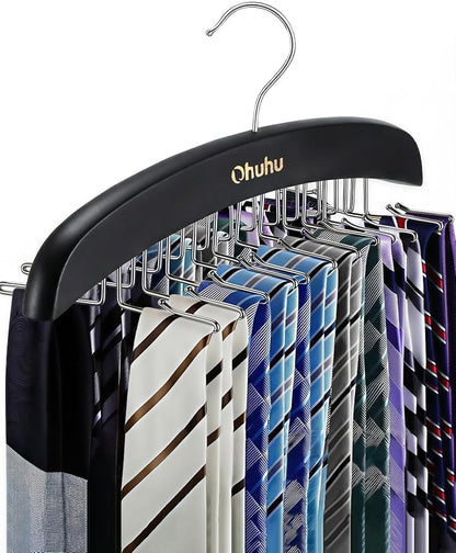 Ohuhu 24-Hook Wooden Tie Rack Organizer - Space Saving Closet Hanger with 360° Rotating Hooks, Anti-Slip Clips for Ties, Belts, Scarves - Premium Hardwood & Rustproof Steel Construction-Black