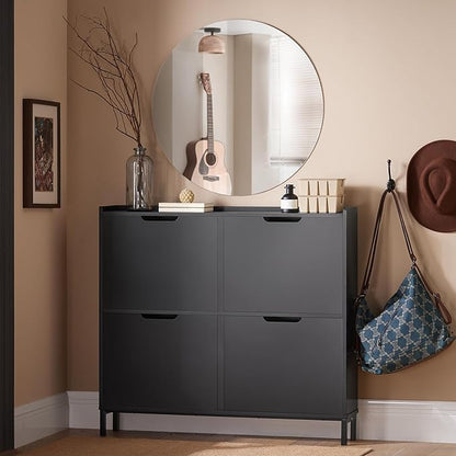 Haotian Ultra Thin Shoe Cabinet with 4 Flip-Drawers, Narrow Shoe Rack, Slim Shoe Storage Organiazer Entryway, Black, FSR100-W, 7.5" D x 39.4" W x 35.6" H