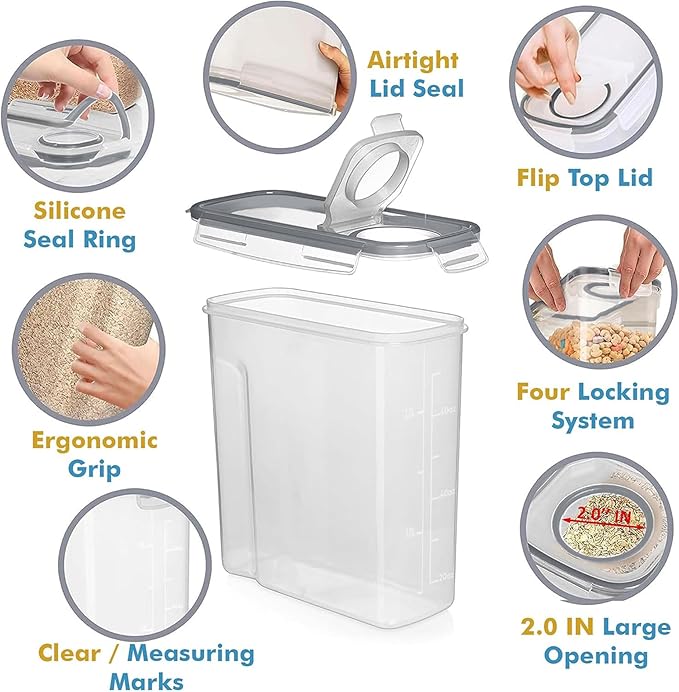 Shazo 2 Pack (15.4 Oz Cereal Capacity) Small Airtight Cereal Containers Storage with Lids, Perfect Space Saving BPA-Free Plastic Container, Pantry Organization and Canister for Rice, Sugar & Flour
