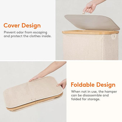 Lifewit 80L Laundry Basket with Lid, Clothes Hampers for Laundry with Bamboo Handles and 1 Removable Bag, Large Foldable Laundry Hamper for Bedroom, Bathroom, Dorm, Laundry Room, Beige