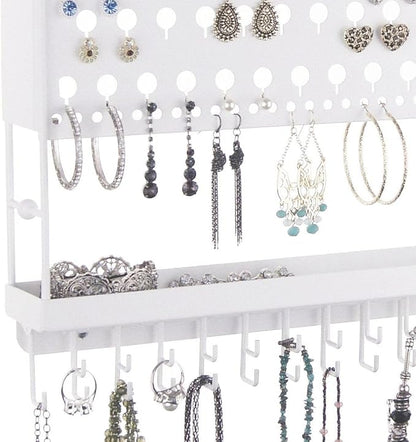Angelynn's Wall Mounted Earring Holder Necklace Organizer for Small and Medium Post Stud Dangle Pierced Earrings, Hanging Closet Jewelry Storage Rack with Tray, AAA White 14 1/2" x16 1/4"