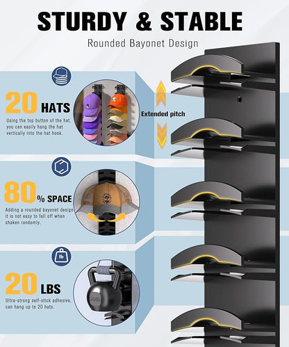 Hat Organizer for Baseball Caps 2 Pack, Hat Rack for Wall Hold up to 20 Hats with Strong Adhensive, Hats Holder Hanger Space Saving for Displlay, Cap Organizer Storage Multilayer(Black)