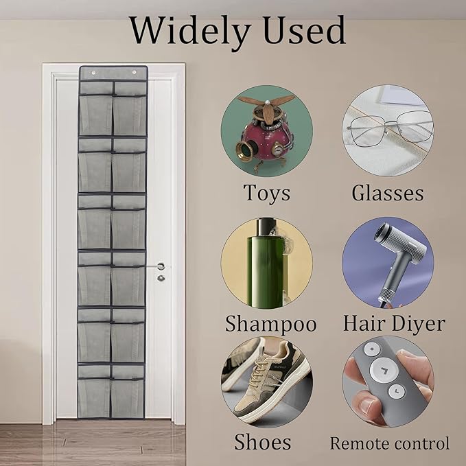 Gray Over Door Shoe Organizer, 12 Large Pockets Hanging Storage for Closet Organization, Space Saving Shoe Rack and Accessory Holder