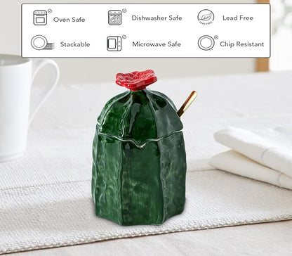 dgudgu Cactus Salt Cellar With Lid Ceramic Salt Container With Lid And Spoon Cute Salt Holder Elegant Salt Container For Countertop