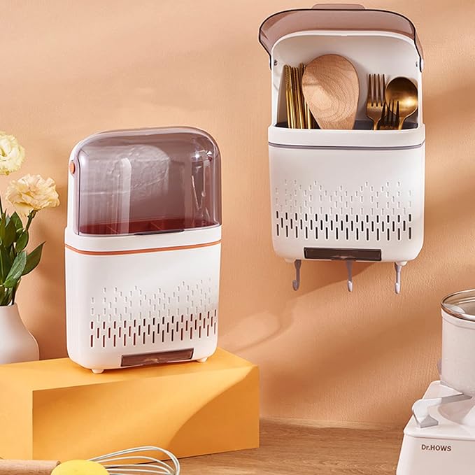 Moonlight White Rustproof Chopstick Storage Rack with Cover - Hanging Kitchen Utensil Holder and Compartmental Cutlery Drainer