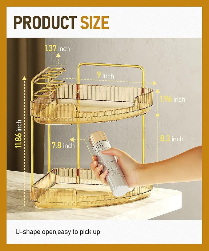 EUHOME 2-Tier Corner Bathroom Counter Organizer Makeup Cosmetic Storage, Tool-Free Installation Acrylic Vanity Shelf, Skin Care Organizer Perfume Tray for Countertop Bathroom, Dresser, Kitchen (Gold)