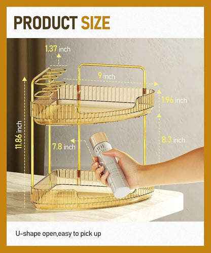 EUHOME 2-Tier Corner Bathroom Counter Organizer Makeup Cosmetic Storage, Tool-Free Installation Acrylic Vanity Shelf, Skin Care Organizer Perfume Tray for Countertop Bathroom, Dresser, Kitchen (Gold)