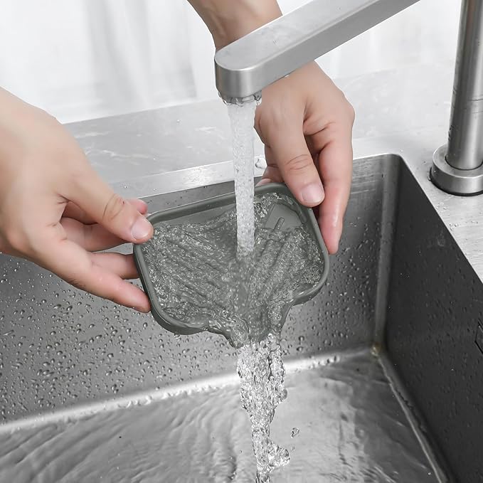 MicoYang Silicone Bathroom Soap Dishes with Drain Spout-Bathroom and Kitchen Sink Organizer,Sponge Holder,Dish Soap Tray,Perfect for Dispenser,Scrubber,Bottle,Cup on Sink or Counter-Grey 4.9"×3.2"