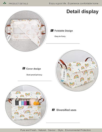 Rectangular Rainbow Storage Basket for Kids,Collapsible Fabric Toy Storage Bin with lid,Cute Cloud Star Pattern Organizer for Children's Room,Nursery,Playroom,Closet (Rainbow with lid)