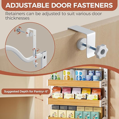 8-Tier Spice Rack Wall Mount, Heavy-Duty Over the Door Pantry Organizer with Wooden Adjustable Basket, 2 IN 1 Wall Mount or Hanging Pantry Door Organizer, Door Spice Rack for Home, White